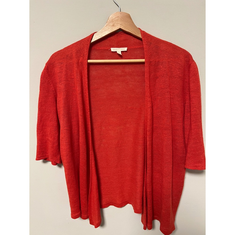 Eileen Fisher Cardigan Womens S Red Pre-owned Open Front Short Sleeve Knit